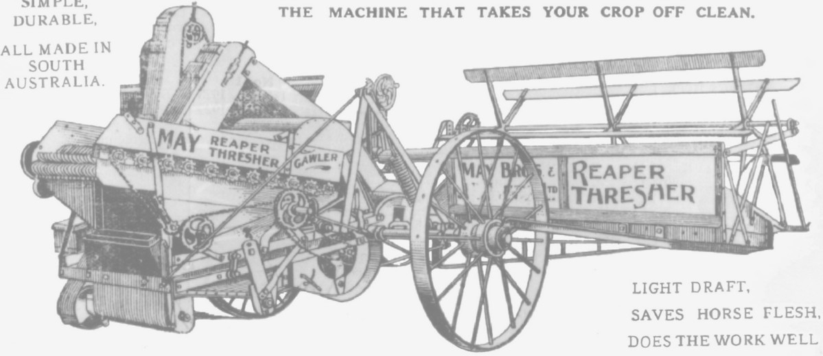 Image: A hand-drawn and printed lithograph of a nineteenth-century horse-drawn harvesting apparatus