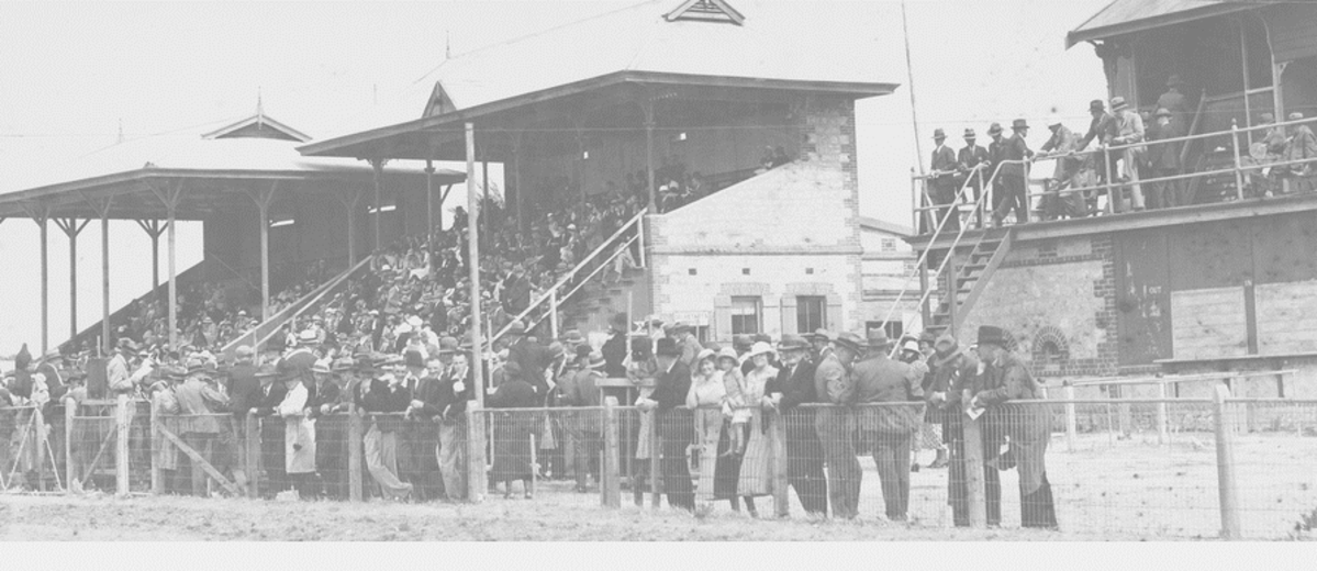 Image: Grandstand and crowds watching a horserace. The twin grandstands are full and race callers and reporters fill up the third stand