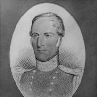 Image: Portrait of Captain Charles Sturt with text below noting his year of birth and death, and detailing some of his discoveries and achievements