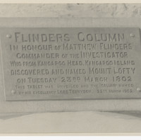 Image: 1902 plaque on Flinders Column - text reads: In honour of Matthew Flinders, commander of the Investigator, who from Kangaroo Head, Kangaroo Island discovered and named Mount Lofty on Tuesday 23rd March 1802.