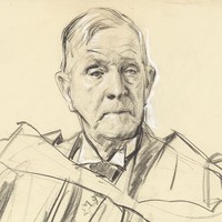 Image: Pencil sketch of the upper torso of an elderly man wearing a suit and academic robes